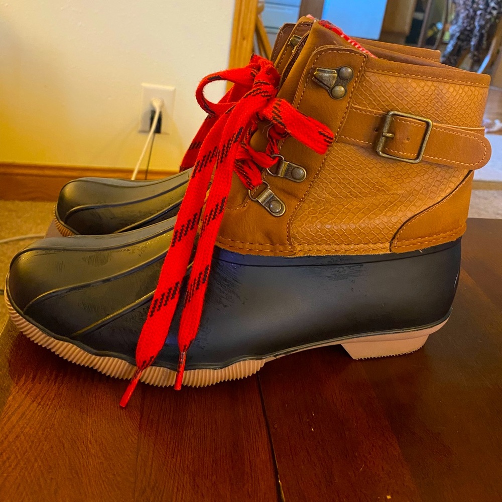 Brown duck boot with Buffalo plaid